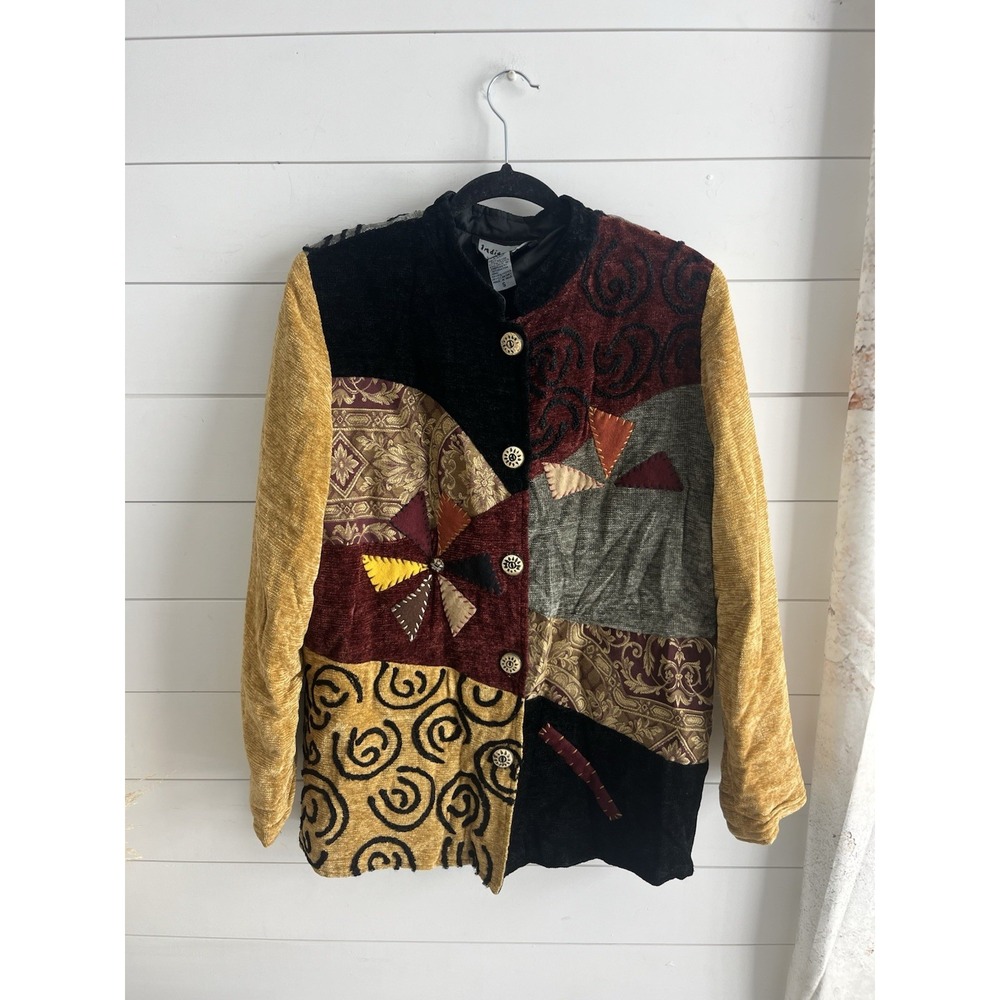 Indigo‎ Moon VTG Jacket Women S Red Brown Patchwork Boho Artsy Velvet Festival